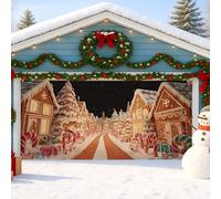 Winter Wonderland Garage Door Cover, Festive Candy Cane Village Large Garage Door Decorations, Holiday Indoor and Outdoor Christmas Party Background Decor 157x71 Inch