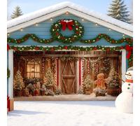 Winter Wonderland Garage Door Cover, Festive Holiday Scene Decorations, Green and Red Christmas Decor for Indoor and Outdoor Use 157x71 Inch