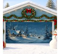 Winter Wonderland Garage Door Cover, Snowy Village Scene Large Garage Door Decorations, Holiday Indoor and Outdoor Christmas Party Background Decor 157x71 Inch