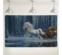 Winter Wonderland Horse Sleigh Backdrop, Magical Snowy Forest Scene Decorations, Perfect for Holiday Photography Party Supplies 71x43 Inch