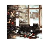 Winter Wonderland Light Switch Cover Plate, Cat in Snow with Christmas Tree and Holly, Festive Holiday Wall Decor for Home, Standard Size Double Toggle