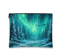 Winter Wonderland Makeup Bag, Teal Aurora Borealis Cosmetic Travel Pouch for Women, Portable Small Canvas Zipper Organizer, Holiday Skincare Toiletry Bag, Teal, 7x9 Inch, Pouch