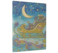 Winter Wonderland Santa Sleigh Canvas Wall Art, Blue Gold Starry Night Decor, Fanciful Home Aesthetic for Living Room, Bedroom, Holiday Celebration 8x12 Inch