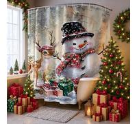 Winter Wonderland Shower Curtain, Colorful Snow Man and Deer Holiday Bathroom Decor, Christmas Festive Cute Design Waterproof Fabric with Hooks 108x72 Inch