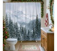 Winter Wonderland Shower Curtain, Snowy Pine Tree Mountain Bathroom Decor, Holiday Seasonal Rustic Waterproof Fabric Shower Curtain with Hooks 72x84 Inch