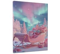 Winter Wonderland Sleigh Wall Art, Peach Green Holiday Decor, Magical Canvas Print for Living Room, Bedroom, Festive Home Aesthetic 8x12 Inch
