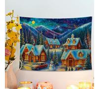 Winter Wonderland Tapestry, Snowy Village Scene Wall Hanging, Cozy Decorative Tapestry for Holiday Bedroom, Living Room, Dorm 40x30 Inch
