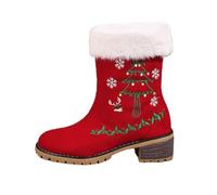 Winter Wonderland Women's Christmas Snowflake Embroidered Boots, Red Suede with Faux Fur Trim, Fleece Lined, Platform Lugged Sole, Mid-Calf Winter Snow Boots
