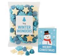 Winter Wonders 1kg Christmas Sweet Bag - Blue & White Pick n Mix Gummy Selection with Snowflake, Star & Bow Shapes - Includes 1Pc Assorted Christmas Card Boxed Treatz