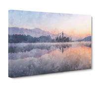 Wintertime At Lake Bled In Slovenia Painting Modern Art Canvas Wall Art Print Ready to Hang, Framed Picture for Living Room Bedroom Home Office Décor, 24x16 Inch (60x40 cm)