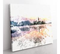 Wintertime at Lake Bled in Slovenia Watercolour Modern Canvas Wall Art Print Ready to Hang, Framed Picture for Living Room Bedroom Home Office Décor, 50x50 cm (20x20 Inch)