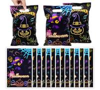 Winterworm 50 PCS Halloween Trick Or Treat Bags,Neon Halloween Goodie Candies Bags Pumpkin Black Cat Bat Tombstone Skull Plastic Party Favors Treat Gifts Bags Bulk for Boys Girl Party Supplies