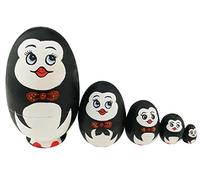 Winterworm Set 5 Pcs Cute Animal Theme Penguin Egg Shape Stacking Toy Wooden Handmade Nesting Dolls for Kids Easter Egg