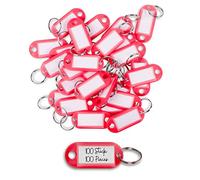 WINTEX Key Ring with Tags - 100 pcs - Heavy Duty Plastic Fobs with Labels - Coloured Key Chain Rings for Organising, Travelling, or Pets - Red