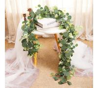 wintfarm 12FT Artificial Eucalyptus Flower Garland with Fake Rose Flower Vine Seeded Eucalyptus Leaves,Garlands for Home Decoration Wedding Arch Flowers Wedding Party Table Decor (Small white flower)