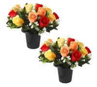 wintfarm 2 Pcs Grave Flower Pots,25 cm Red Orange Yellow Roses Artificial Flowers for Graves Pots for Outdoor Cemetery Decoration,Fake Funeral Commemorative Bouquet Arrangement (Red Orange Yellow)