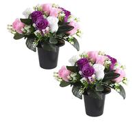 wintfarm 2 Pcs Grave Flower Pots,25 cm White Pink Purple Roses Artificial Flowers for Graves Pots for Outdoor Cemetery Decoration,Fake Funeral Commemorative Bouquet Arrangement (White Pink Purple)