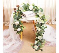 wintfarm 2Pcs 12FT Artificial Eucalyptus Flower Garland with Fake Rose Flower Vine Seeded Eucalyptus Leaves,Garlands for Home Decoration Wedding Arch Flowers Wedding Party Table Decor (White)