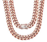 WinTrend Cuban Link Chain Necklace or Bracelet with Bling Bling Cubic Zirconia Iced-Out Clasp for Men 10mm/14MM Rose Gold Stainless Steel Hip Hop Miami Curb Chains 7.5-30 inch, Cubic Zirconia