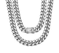 WinTrend Cuban Link Chain Necklace or Bracelet with Bling Bling Cubic Zirconia Iced-Out Clasp for Men 12mm Silver Stainless Steel Hip Hop Miami Curb Chains 7.5-30 inch, Cubic Zirconia Stainless Steel