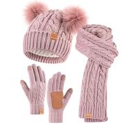 Winuesa Hat Scarf and Gloves Set Ladies, Winter Beanie Hat for Women with Pom Pom Fleece Lined, Bobble Cap Touchscreen Gloves Women Scarf Neck Warmer 3 in 1 Cold Weather Gift Set(Pink)