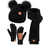 Winuesa Hat Scarf and Gloves Set Ladies, Winter Beanie Hat for Women with Pom Pom Fleece Lined, Bobble Hat Touchscreen Gloves Women Scarf Neck Warmer 3 in 1 Cold Weather Gift Set(Black)