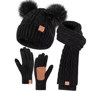 Winuesa Hat Scarf and Gloves Set Ladies, Winter Beanie Hat for Women with Pom Pom Fleece Lined Warm, Bobble Hat Touchscreen Gloves Women Scarf Neck Warmer 3 in 1 Cold Weather Set