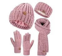 Winuesa Headbands Hat Scarf and Gloves Set Ladies, Chenille Beanie Hat Women Fleece Lined Touchscreen Gloves Women Knit Scarf Ear Warmers 4 in 1 Cold Weather Gift Set(Pink)
