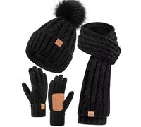 Winuesa Ladies Winter Beanie Hat with Pom Pom, Fleece Lined Warm Bobble Hat, Touchscreen Gloves, Scarf Neck Warmer 3 in 1 Cold Weather Gift Set (Black)