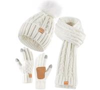 Winuesa Ladies Winter Beanie Hat with Pom Pom, Fleece Lined Warm, Touchscreen Gloves, Scarf Neck Warmer 3 in 1 Cold Weather Gift Set (White)
