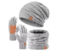 Winuesa Mens Womens Hat Scarf Gloves Set Winter, Thermal Fleece Lined Slouchy Beanie Hat Men Snow Knit Skull Cap, 3 in 1 Winter Hats Touch Screen Gloves Neck Warmer Snood Gift Set （Grey）