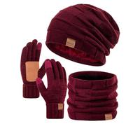 Winuesa Mens Womens Hat Scarf Gloves Set Winter, Thermal Fleece Lined Slouchy Beanie Hat Men Snow Knit Skull Cap, 3 in 1 Winter Hats Touch Screen Gloves Neck Warmer Snood Set （Burgundy）