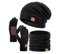 Winuesa Mens Womens Hat Scarf Gloves Set Winter, Thermal Fleece Lined Slouchy Beanie Hat Men Snow Knit Skull Cap, 3 in 1 Winter Hats Touch Screen Gloves Neck Warmer Snood Set （Black）