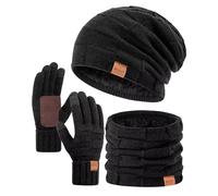 Winuesa Mens Womens Hat Scarf Gloves Set Winter, Thermal Fleece Lined Slouchy Beanie Hat Men Snow Knit Skull Cap, 3 in 1 Winter Hats Touch Screen Gloves Neck Warmer Snood Set