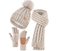 Winuesa Womens Winter Warm Knit Beanie Hat Touchscreen Gloves Long Scarf Set with Fleece Lined