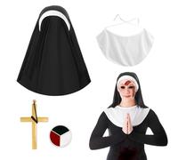 WINUSD 4Pcs Nun Costume Set, Nun Hat, Nun Collar, Cross Pendent Necklace, Black & White & Red Body Paints for Halloween, Cosplay, Carnival, Theme Party