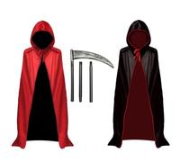 WINUSD Devil Costume and Grim Reaper Scythe Accessories, Halloween Hooded Vampire Cape Reversible Cloak for Adult, Black and Red Devil Cape, Grim Reaper Scythe Weapon For Halloween (Death Suit Set)