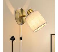 Winverty Gold Plug in Wall Light with Switch, Dimmable Vintage Wall Lamp with Fabric Shade 350° Rotatable, E27 Bedside Wall Sconce Lights for Bedroom Living Room