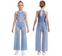 winying Girls' Sleeveless Sparkly Jumpsuit Jazz Latin Dance Bodysuit Prom Dancing Gowns Romper Leotard Dusty Blue 7-8 Years