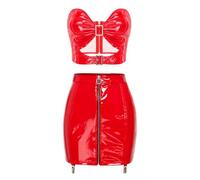 winying Glossy Lingerie 2-piece Set for Women Gothic Bra Crop Top Sheer Floral Lace Bodycon Miniskirt Red L
