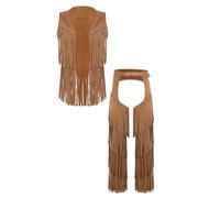 winying Men's Halloween Cosplay Cowboy Outfit Faux Suede Tassel Vest Open Crotch Tiered Fringe Pants Brown M