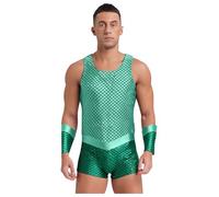 winying Men's Halloween Sea King/Sea God Cosplay Costume Fish Scales Print Bodysuit with Arm Sleeves Mint Green 3XL