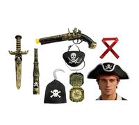 winying Pirate Outfit for Cosplay Costumes Party Canvas Pouch Eye Patch Rope Knot Compass Tool Leather Belt 8pcs Black Gold Set One Size