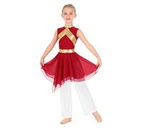 winying Praise Dance Dress for Girls Metallic Worship Costume Lyrical Church Robe with Wide-Leg Pants Praisewear Burgundy White 11-12 Years