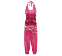 winying Womens 3-piece Belly Dance Halter Shiny Tassel Crop Top Bloomers Long Pants & Hip Scarf Hot Pink S