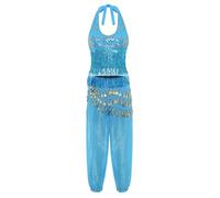winying Womens 3-piece Belly Dance Halter Shiny Tassel Crop Top Bloomers Long Pants & Hip Scarf Light Blue S