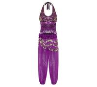 winying Womens 3-piece Belly Dance Halter Shiny Tassel Crop Top Bloomers Long Pants & Hip Scarf Purple M