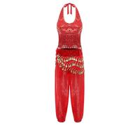 winying Womens 3-piece Belly Dance Halter Shiny Tassel Crop Top Bloomers Long Pants & Hip Scarf Red M