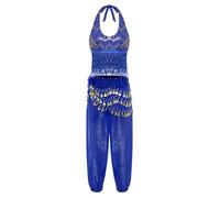 winying Womens 3-piece Belly Dance Halter Shiny Tassel Crop Top Bloomers Long Pants & Hip Scarf Royal Blue M