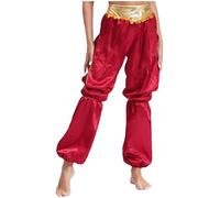 winying Women's Belly Dance Costume Lantern Pants Side Split Shiny Satin Harem Pants Arabic Trousers Burgundy XL